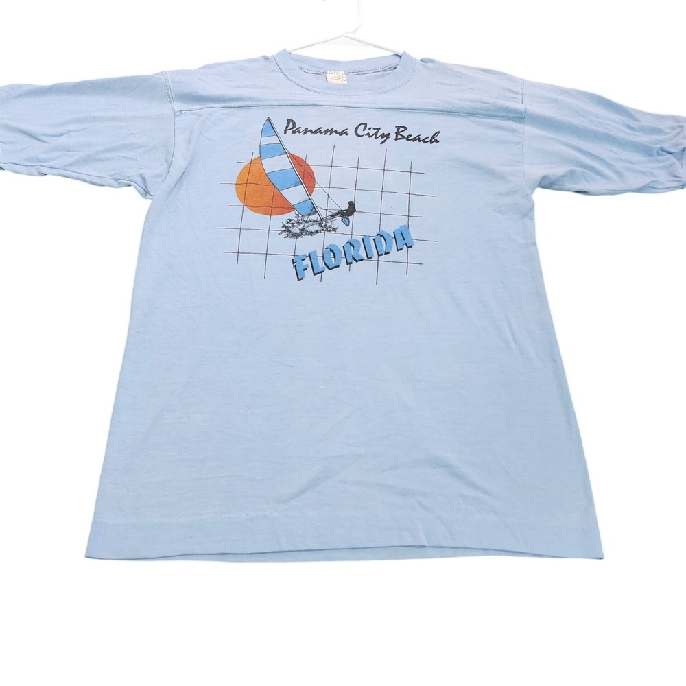 Vintage 80s Sportswear Panama City Beach Florida T-Shirt Blue Windsurfing L